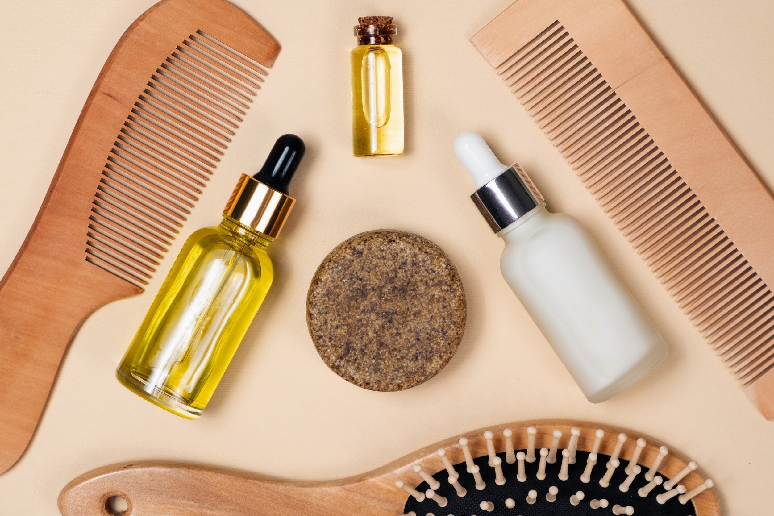 Natural Hair Care Concept - Solid Shampoo, Oils and Serums, Wooden Combs