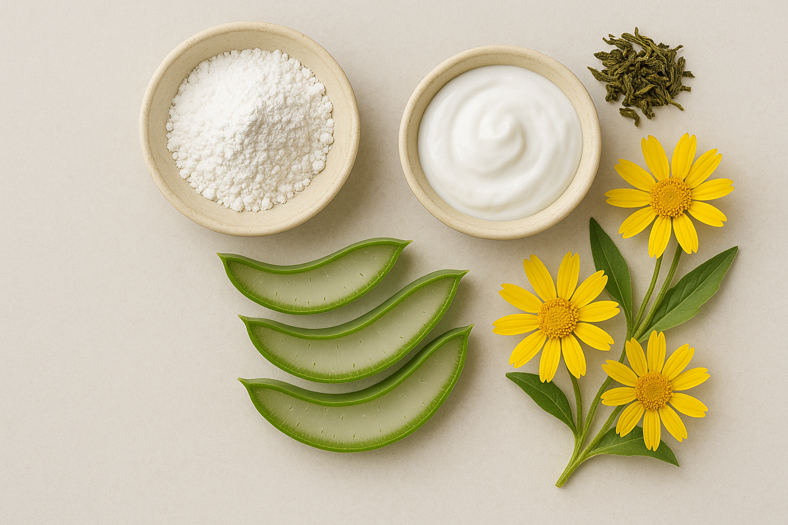 Flat lay of Zinc Oxide powder and Zinc Pyrithione paste in ceramic bowls, surrounded by green tea leaves, aloe slices, and arnica flowers on a neutral background—ingredients used in natural dandruff treatment formulations.