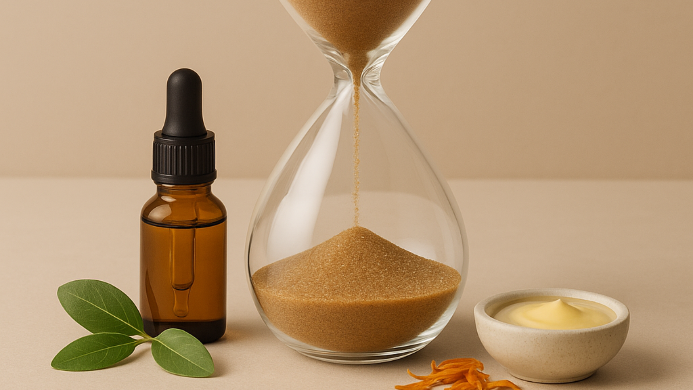 An elegant hourglass with golden sand and a natural background, symbolizing the aging process and the importance of skincare for mature skin.