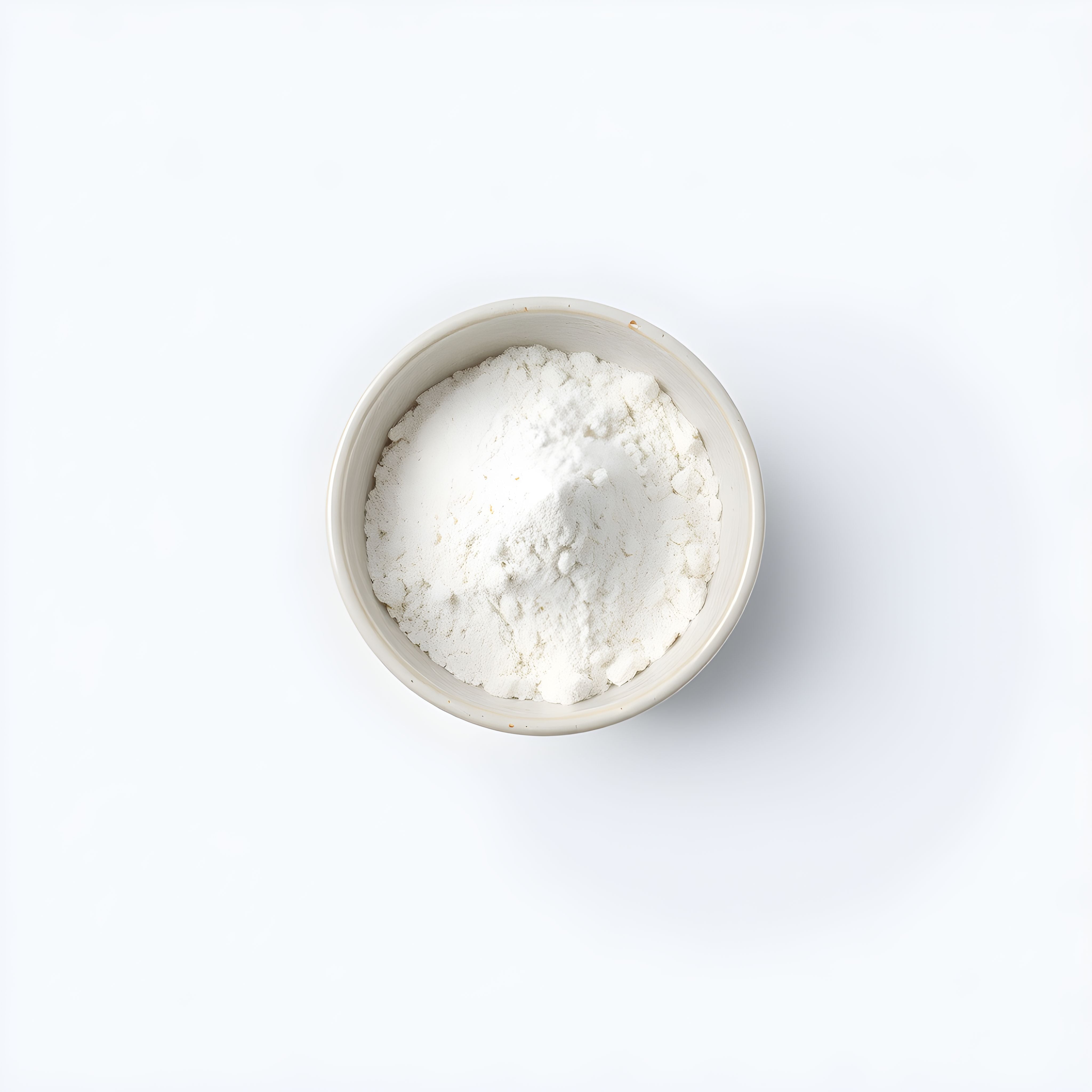 Fine white biotin powder displayed in a simple off-white bowl, showcasing its purity and versatility for cosmetic and wellness formulations.