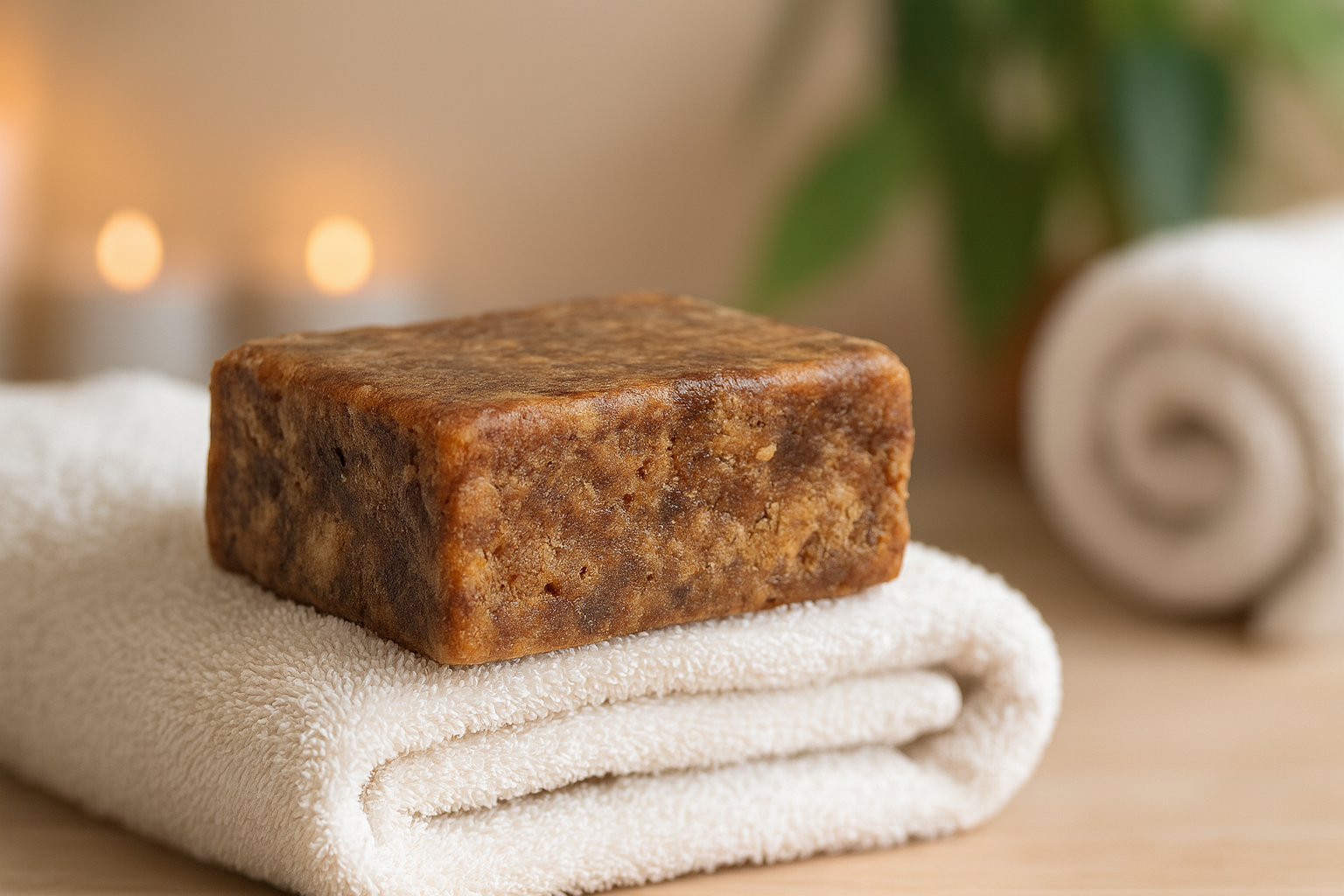 A spa-inspired display of an African Black Soap bar placed on a folded towel creating a natural and luxurious skincare setting.
