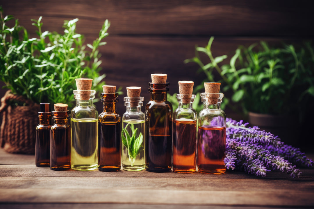A collection of glass bottles filled with various fragrance oils in amber and clear containers, sealed with cork stoppers. Some bottles contain herbs like rosemary, while others have richly colored oils. The background features fresh green plants and lavender flowers, set against a rustic wooden surface.