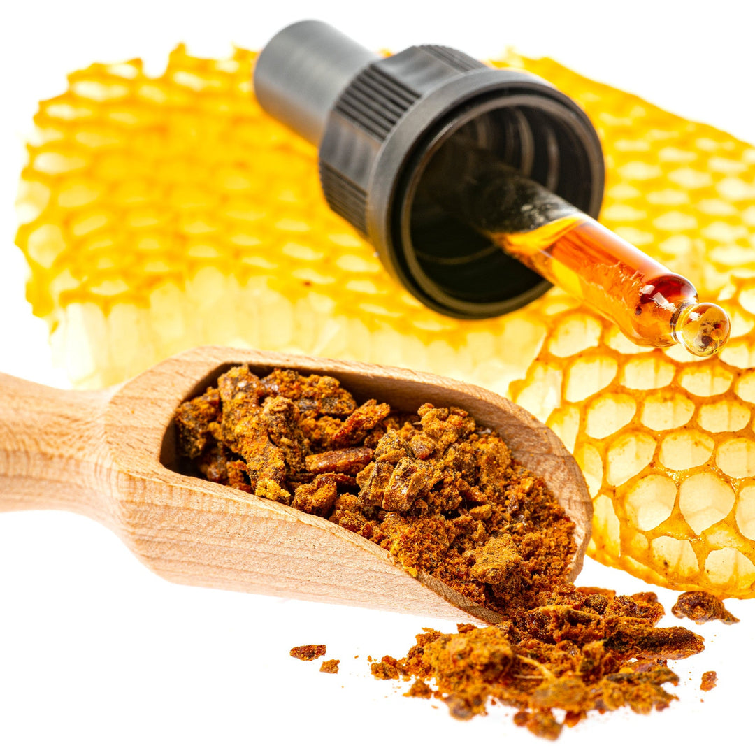 wooden spoon of propolis granules