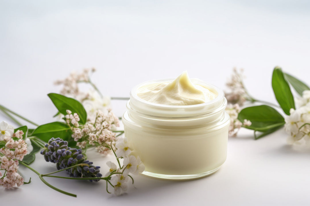 Aesthetic still life of a white jar with facial cream adorned by herbal flowers