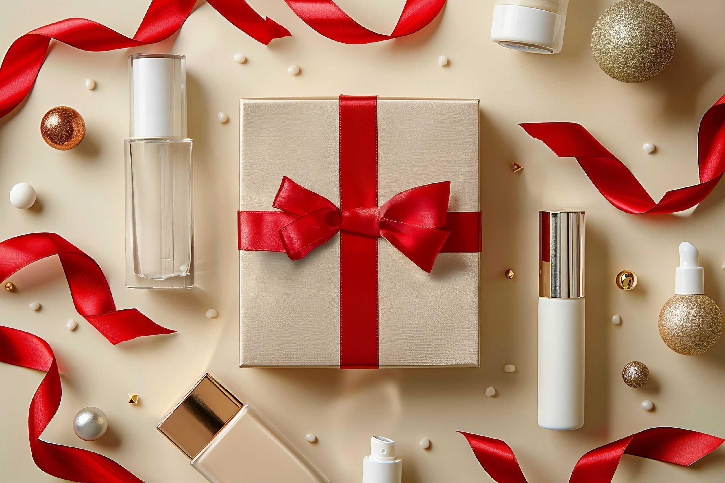 Gift box arrangement with beauty products and festive decorations during the holiday season