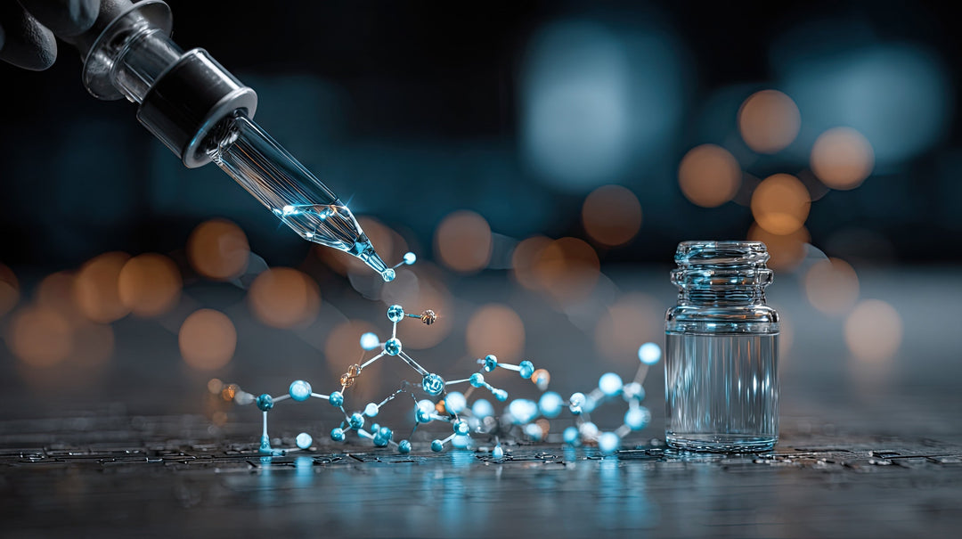 A close-up view of a laboratory scene featuring a pipette releasing droplets onto molecular structures, with a glass vial alongside and a blurred bokeh background.