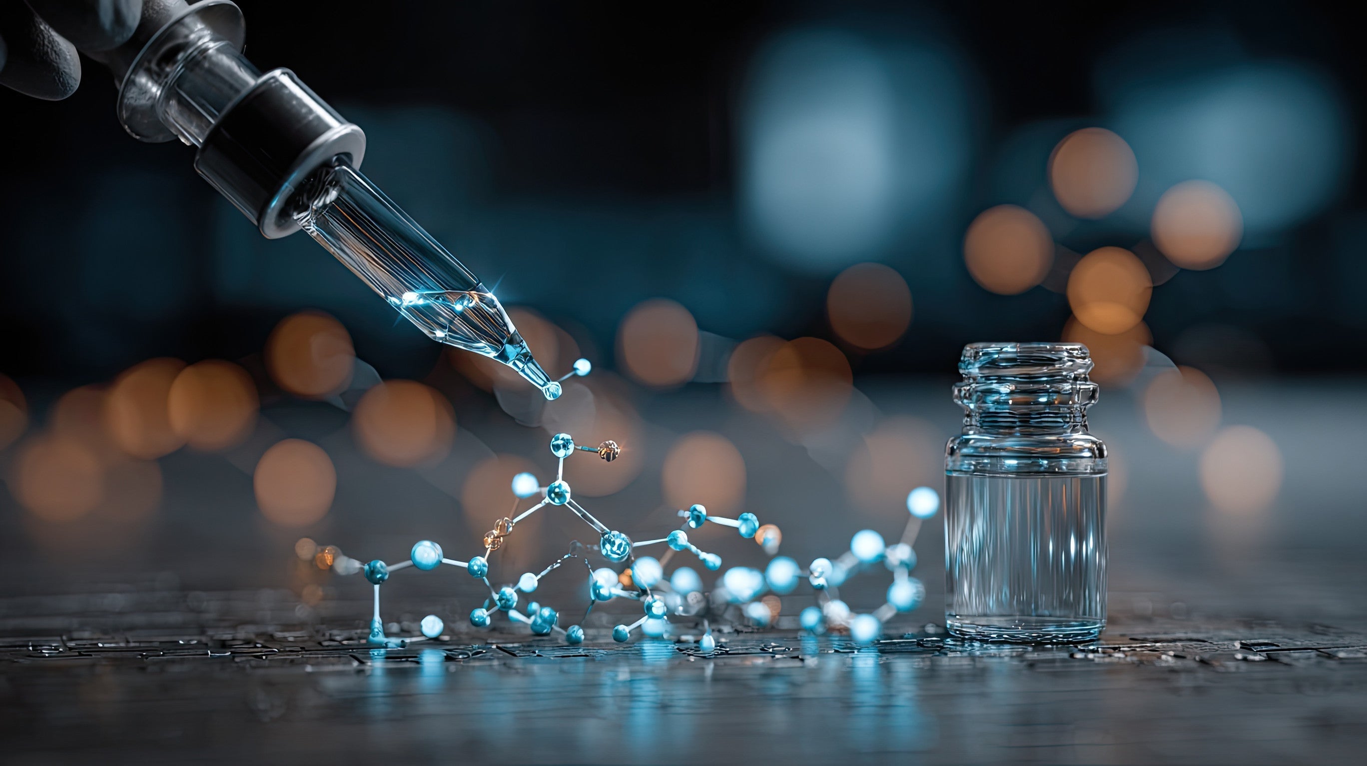 A close-up view of a laboratory scene featuring a pipette releasing droplets onto molecular structures, with a glass vial alongside and a blurred bokeh background.