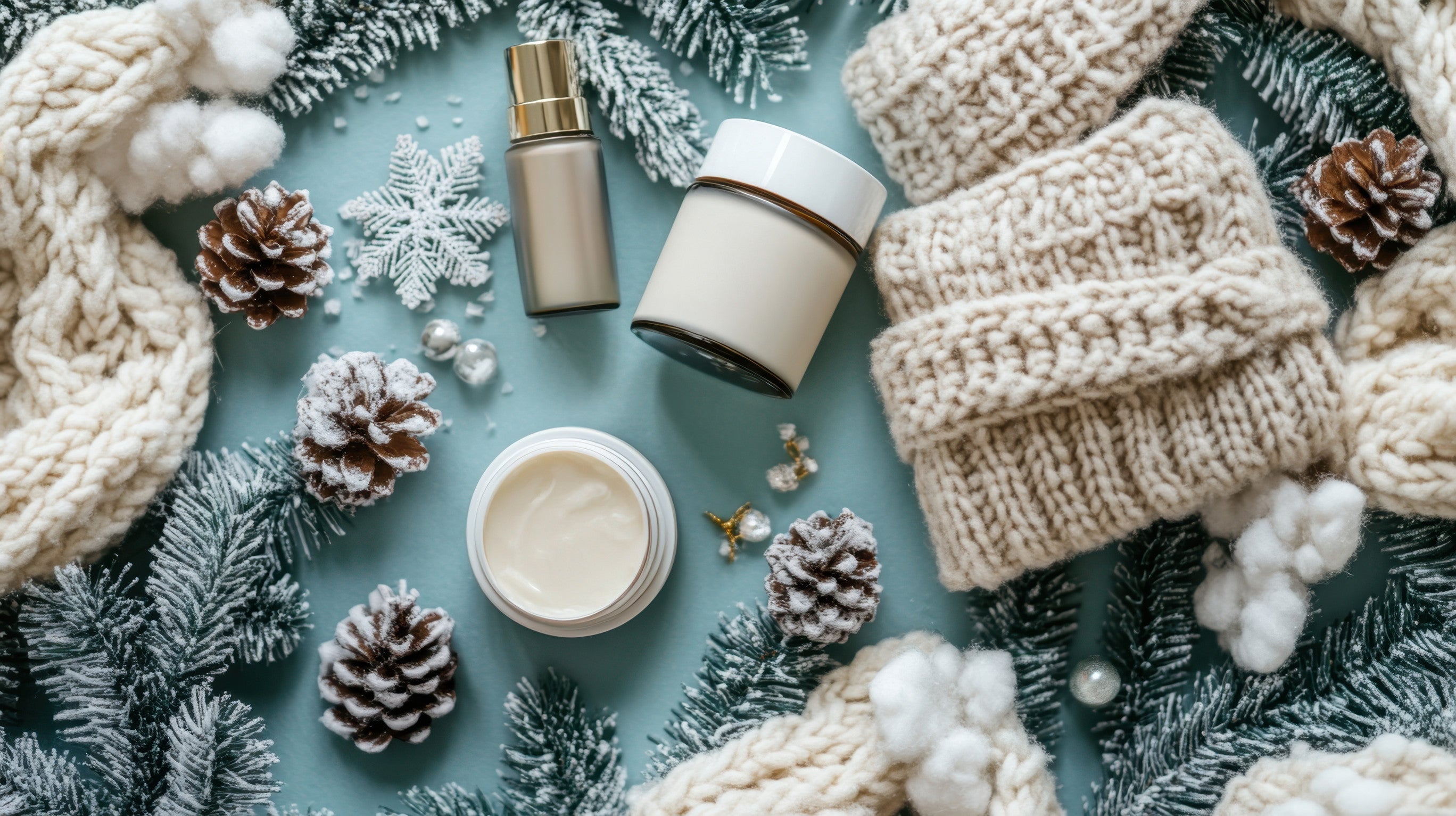 Cozy winter holiday skincare essentials in a flat-lay scene with minimal lighting, creams, and beauty tips for winter.