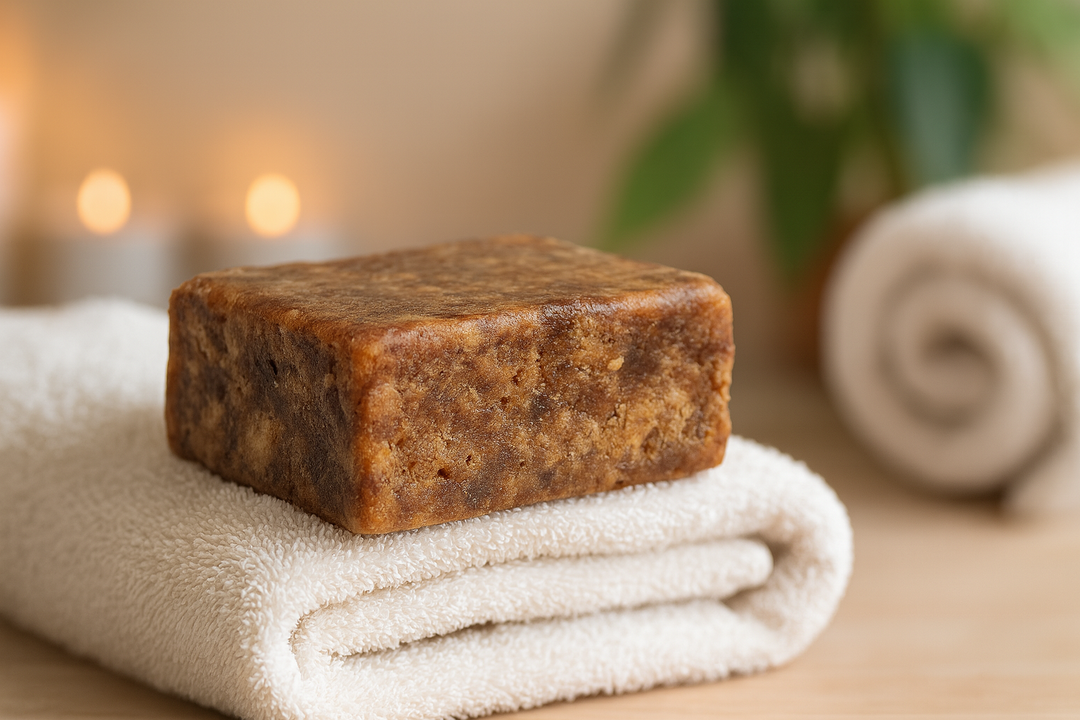 A spa-inspired display of an African Black Soap bar placed on a folded towel creating a natural and luxurious skincare setting.