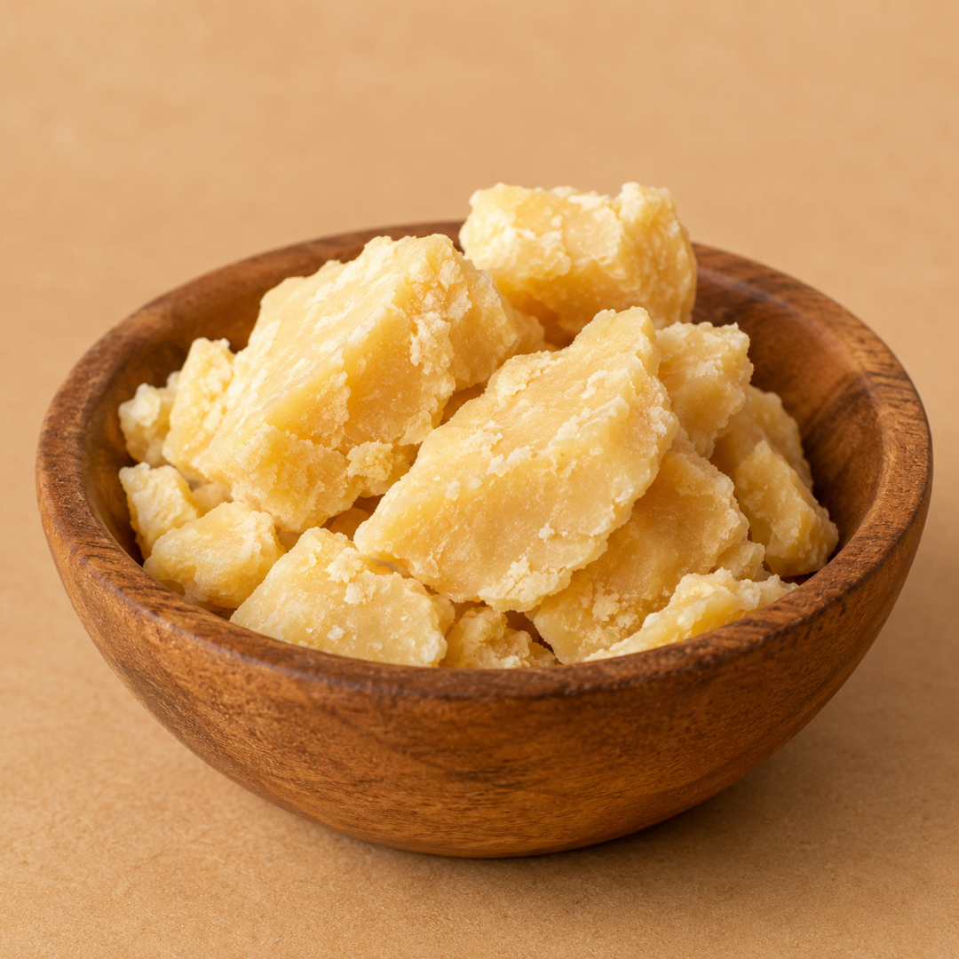 Wooden bowl filled with beige chunks on a beige background