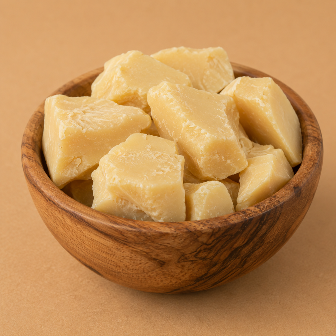 Wooden bowl filled with chunks of beeswax on a beige background