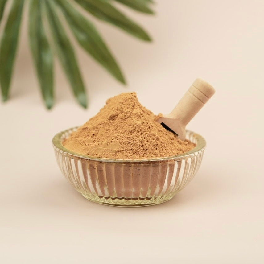 Glass bowl filled with brown powder and a wooden scoop on a light background