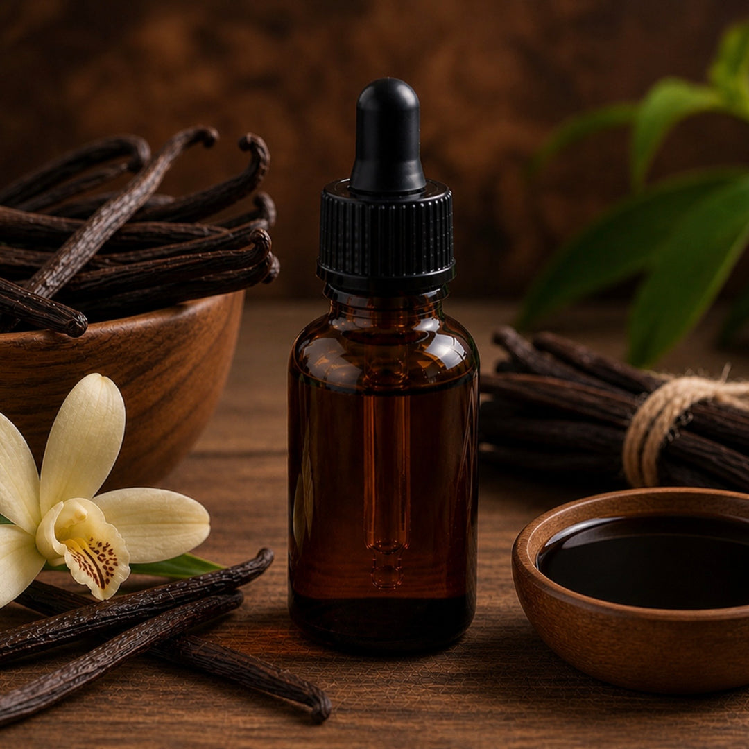 Brown bottle on wooden surface with vanilla beans and a flower
