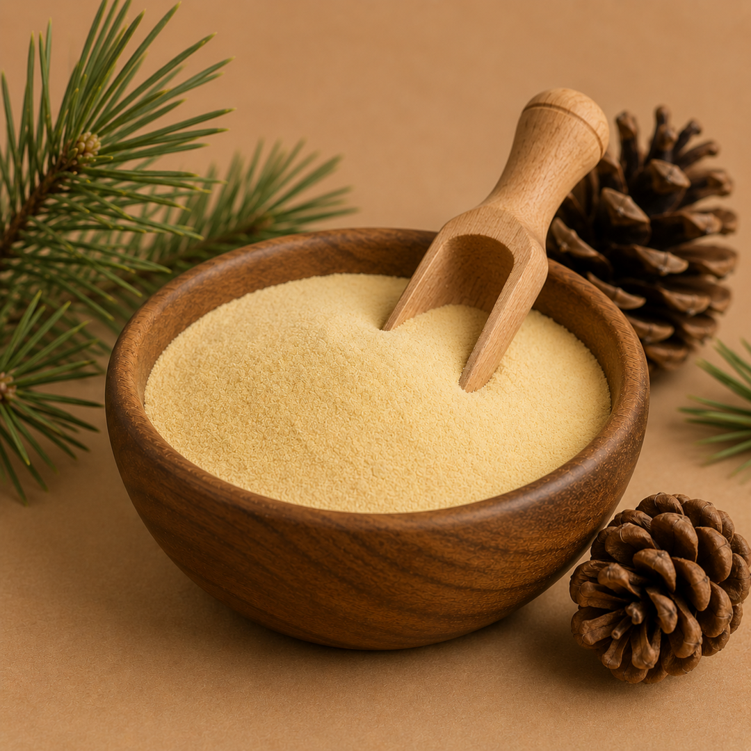 Wooden bowl with a scoop filled with a powdery substance, surrounded by pine branches and cones on a brown background.