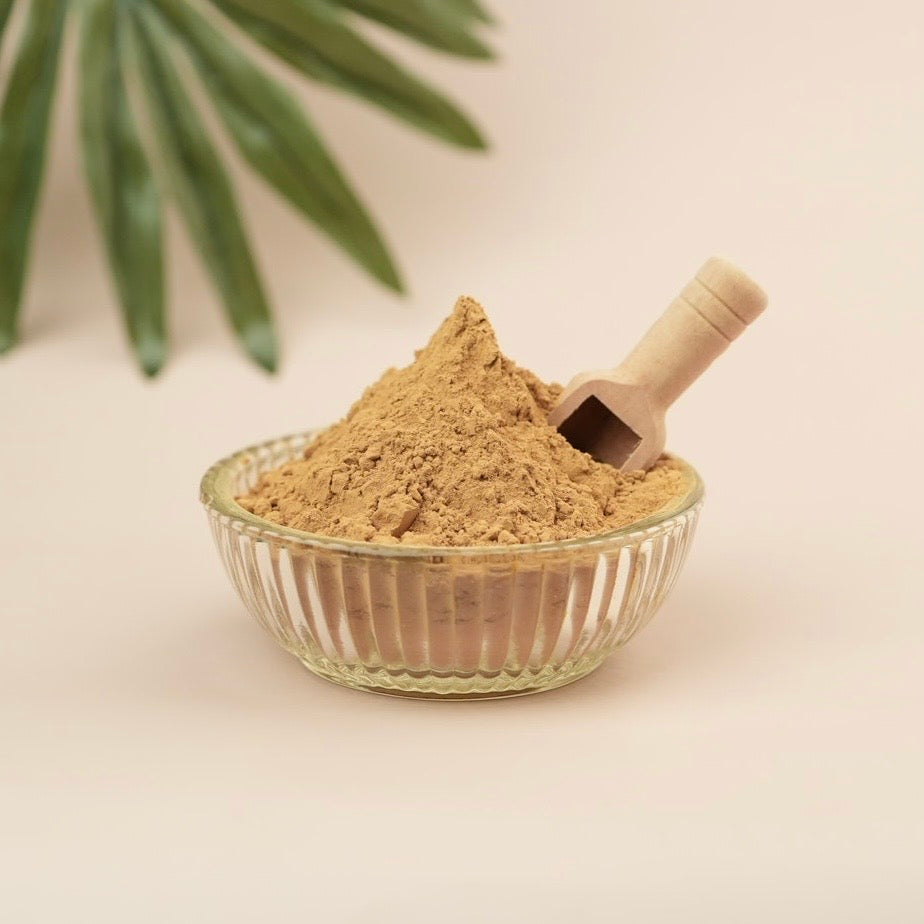 Glass bowl filled with brown powder and a wooden scoop on a light background