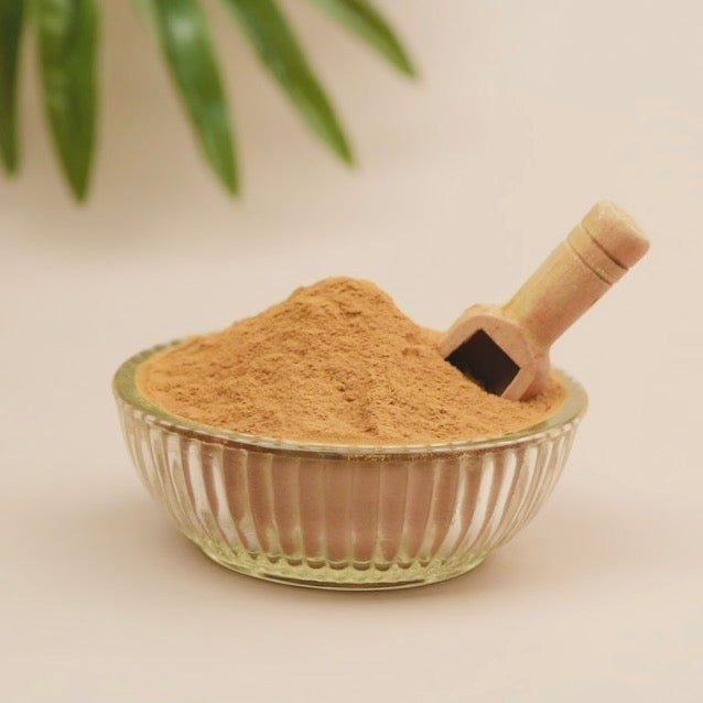 Glass bowl filled with brown powder and a wooden scoop on a light background