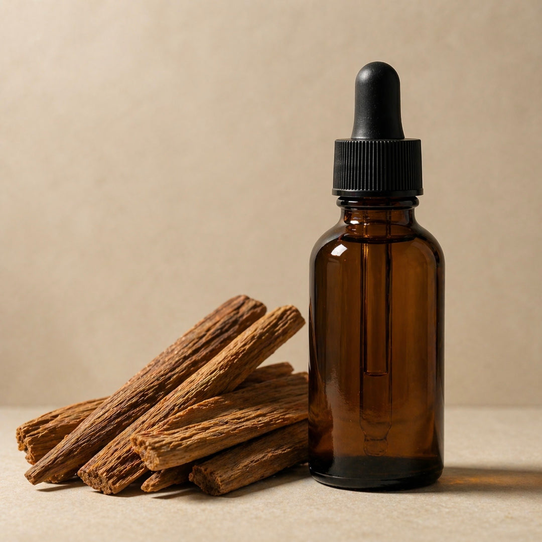 Brown glass dropper bottle with black cap next to dried roots on a beige background