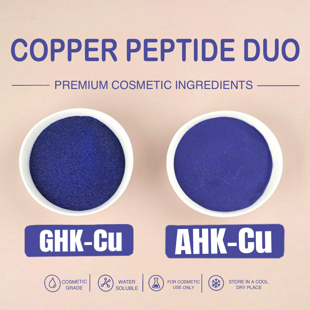 Two containers of blue powder labeled 'Copper Peptide Duo' with GHK-Cu and AHK-Cu on a beige background.
