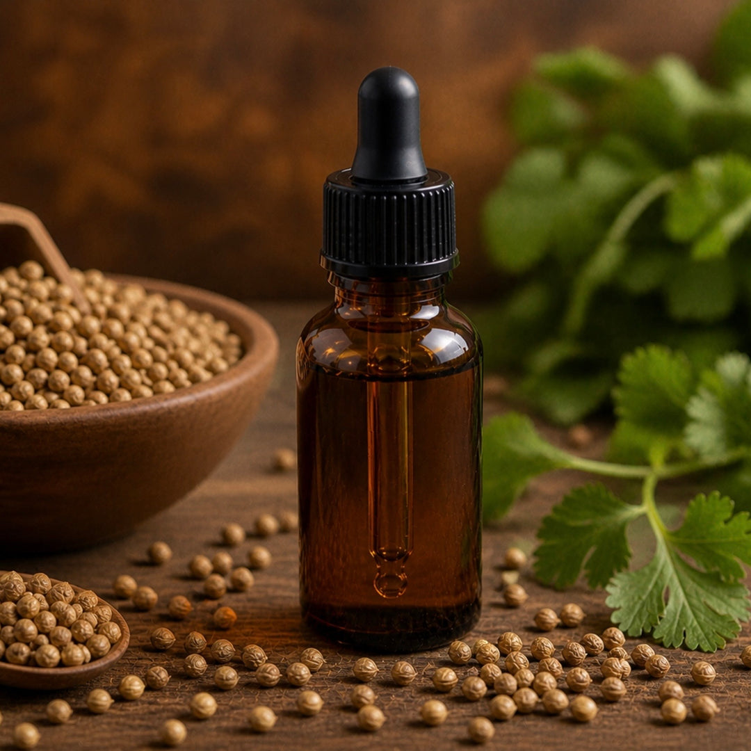 Brown glass dropper bottle with coriander seeds and leaves on a wooden surface