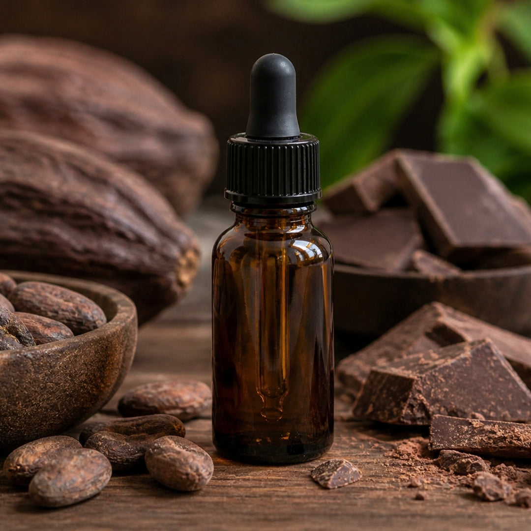 Brown glass dropper bottle with cacao beans and chocolate pieces on a wooden surface