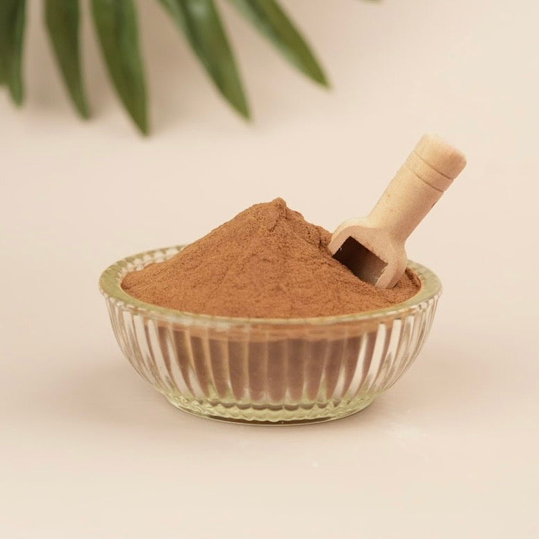 Glass bowl filled with brown powder and a wooden scoop on a light background