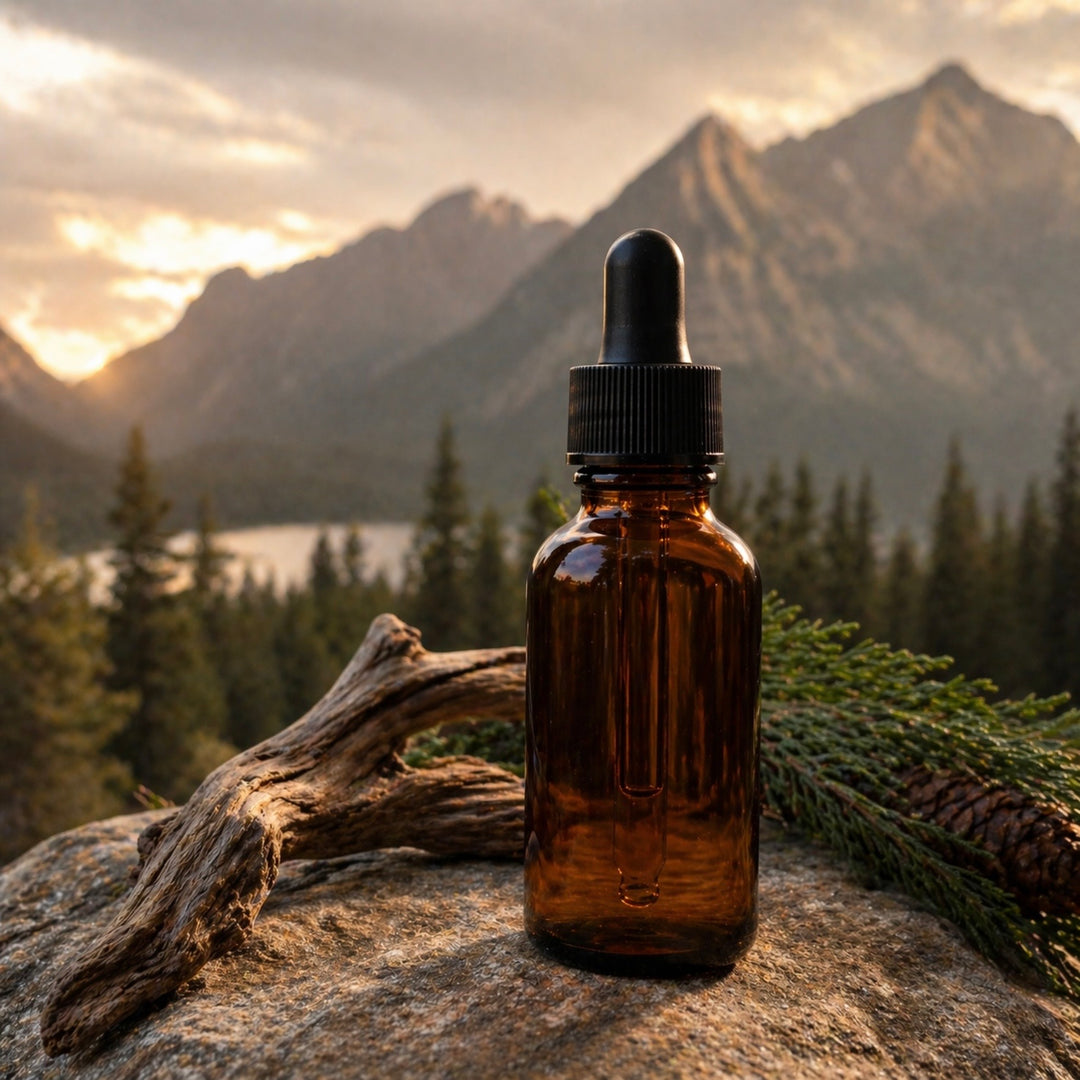 Brown glass dropper bottle on a rock with mountains and lake in the background