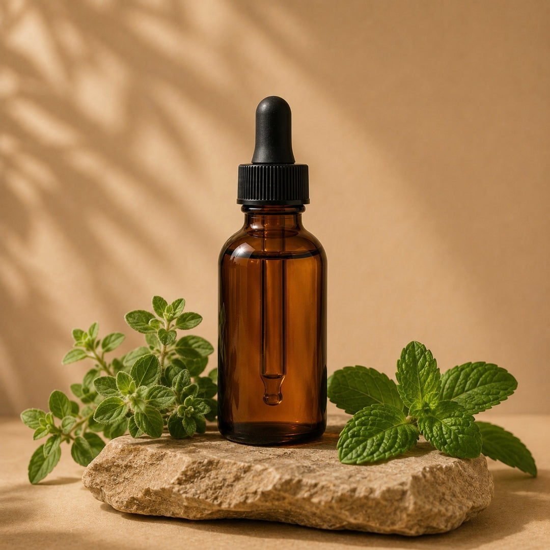Brown glass dropper bottle with black cap on a stone surface with green plants, against a beige background