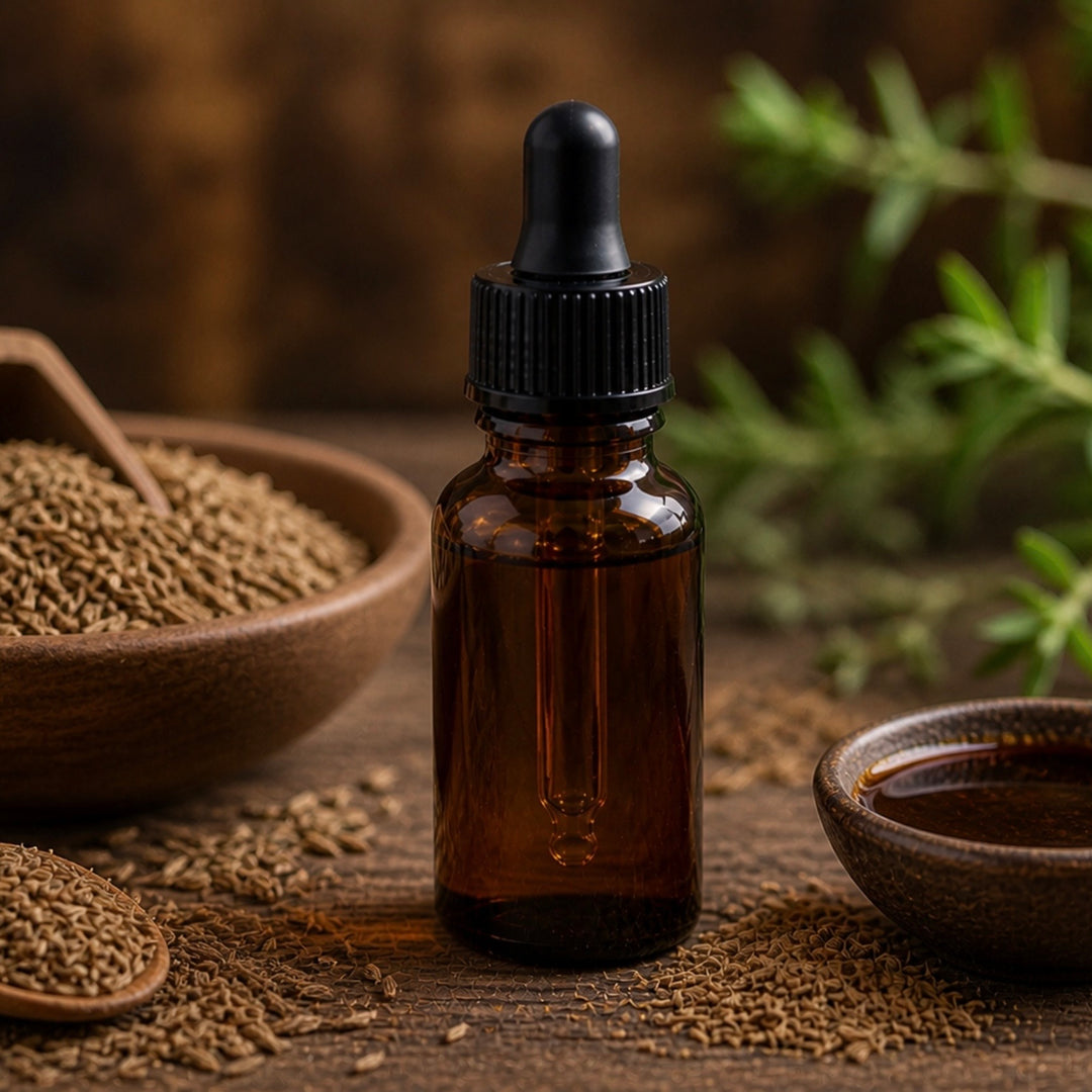 Brown glass dropper bottle with herbs and seeds on a wooden surface