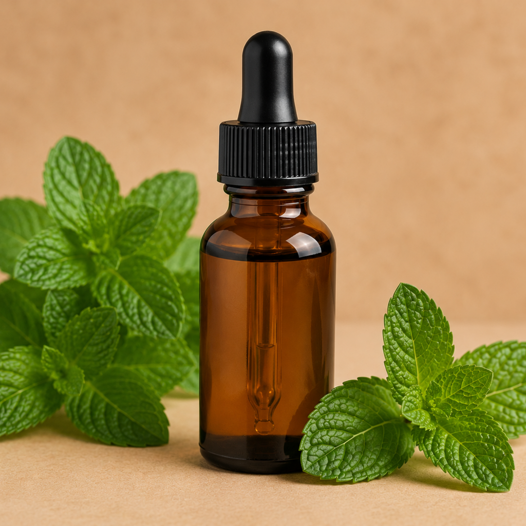 Brown glass dropper bottle with black cap surrounded by fresh green mint leaves on a beige background