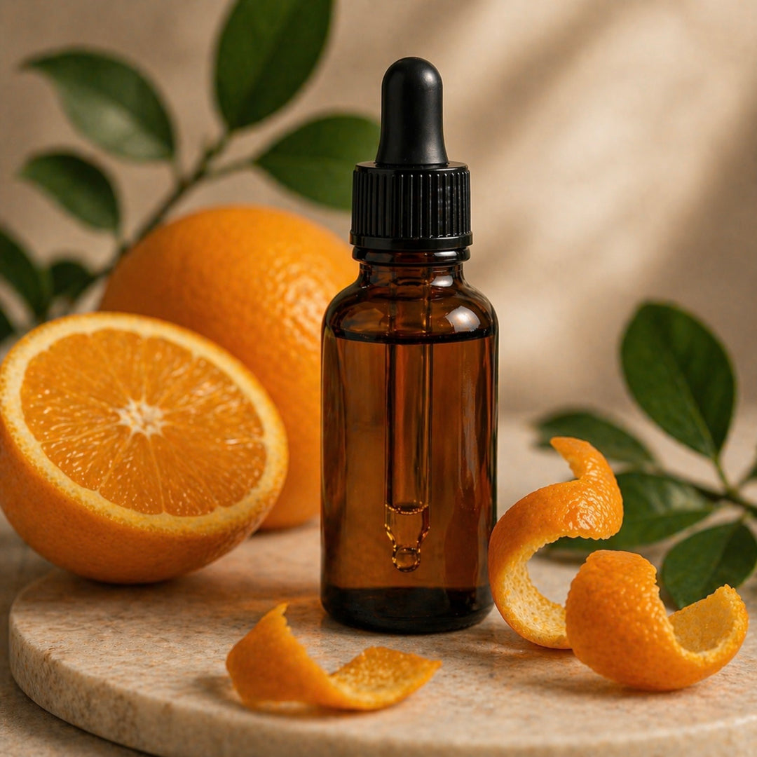 Brown glass dropper bottle with oranges and orange peels on a wooden surface