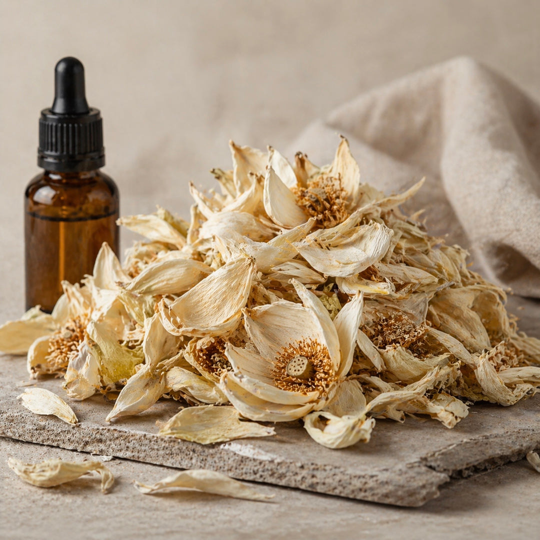 Dried flowers on a stone surface with a brown bottle and dropper.