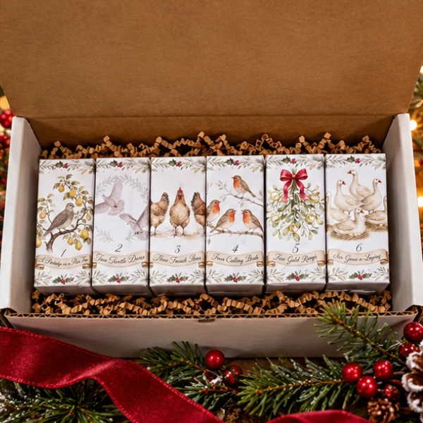 An open gift box containing six individually wrapped Christmas-themed boxes with bird and robin illustrations. The box is filled with brown crinkle paper and decorated with a red ribbon and evergreen branches with red berries in the foreground.