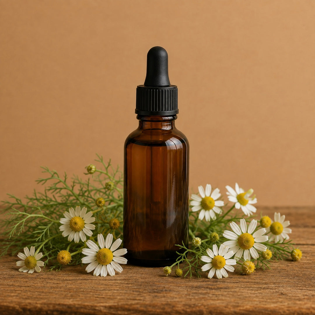 An empty amber glass dropper bottle with a black cap, styled on a rustic wooden surface with white chamomile flowers against a solid warm brown background.