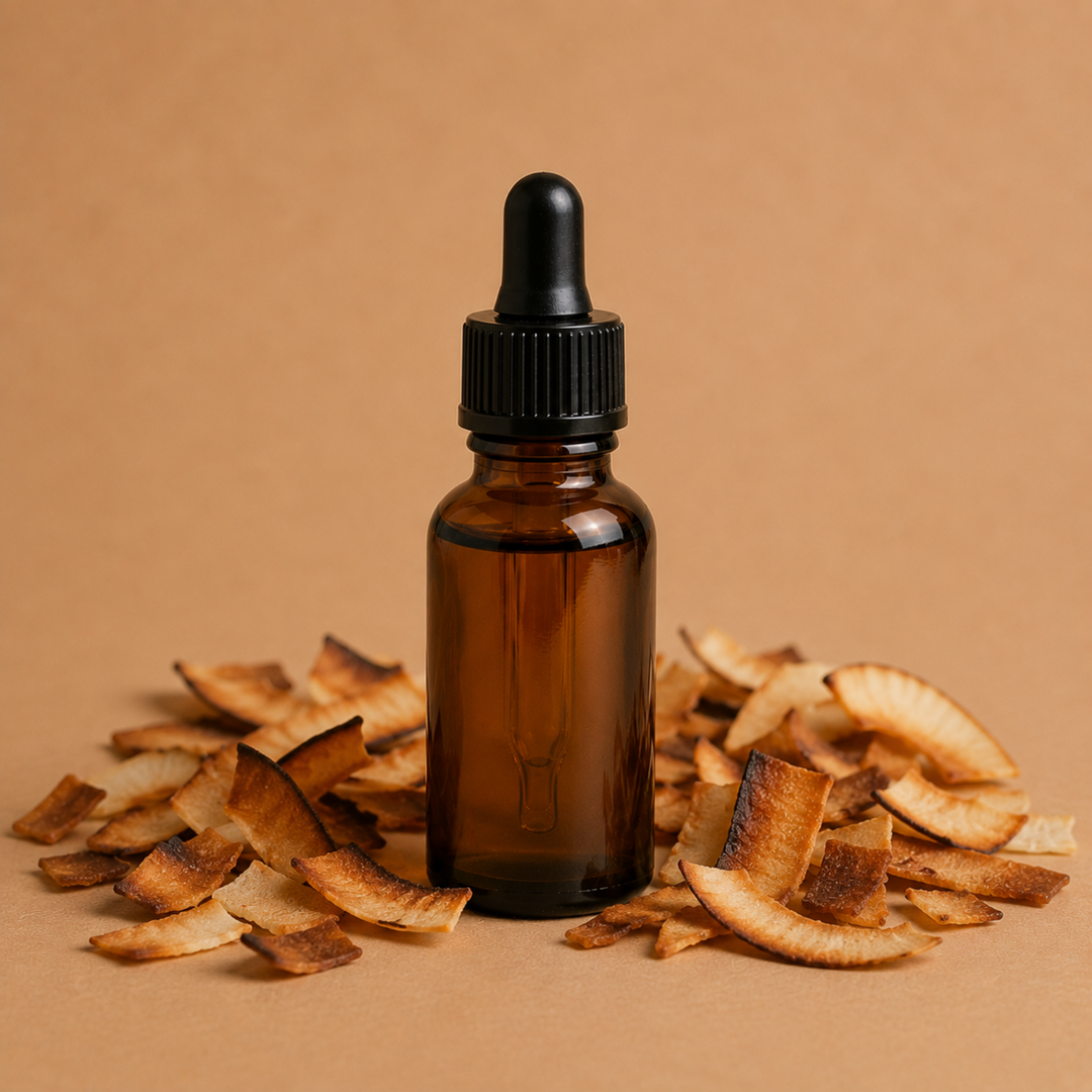 Brown glass dropper bottle with dried leaves on a brown background