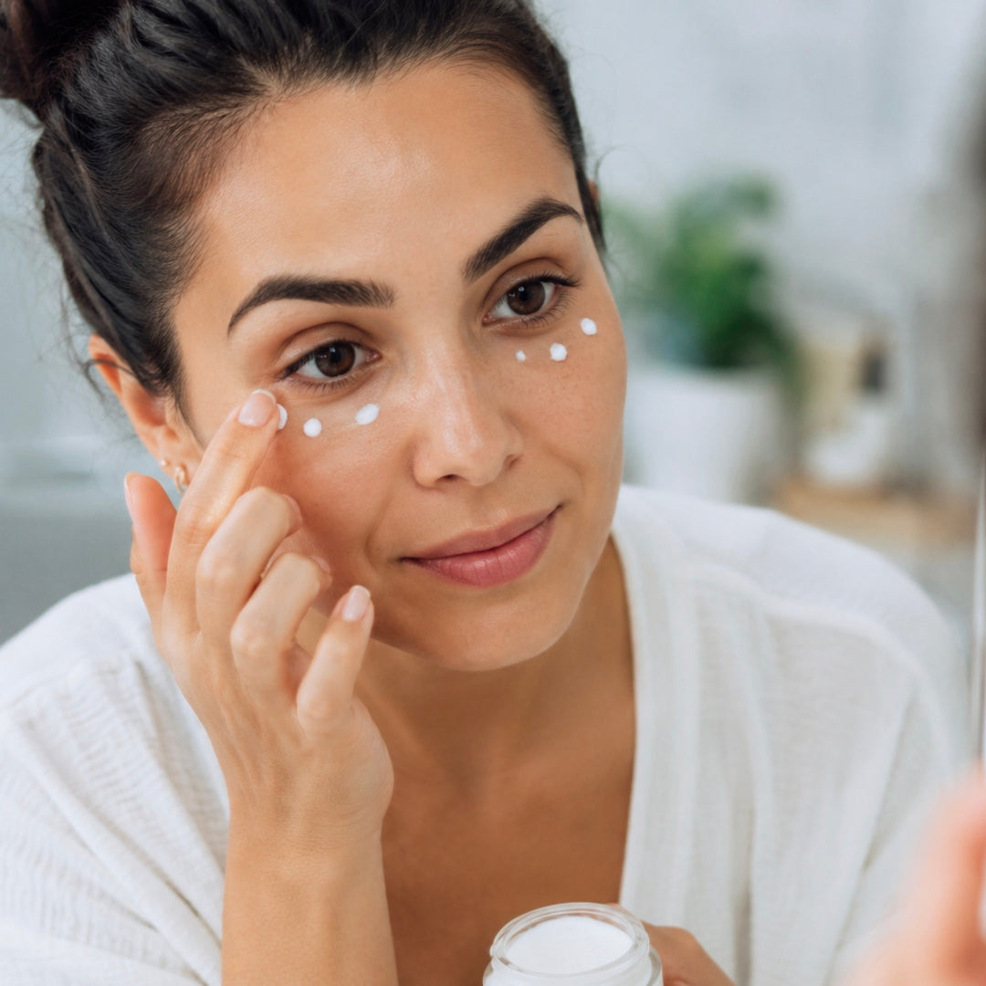 Woman applied cream under her eyes, wearing white.