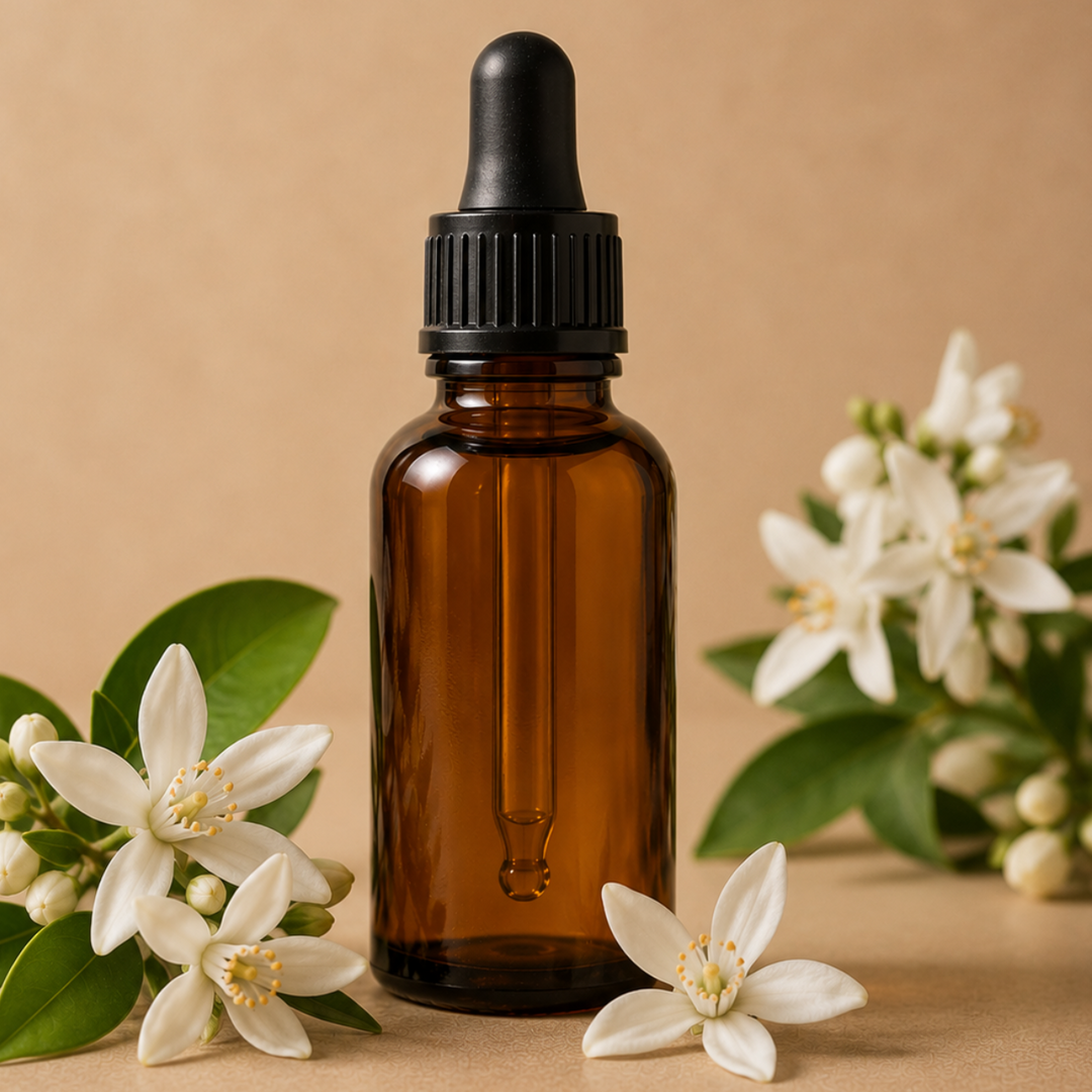 Brown glass dropper bottle with white flowers on a beige background