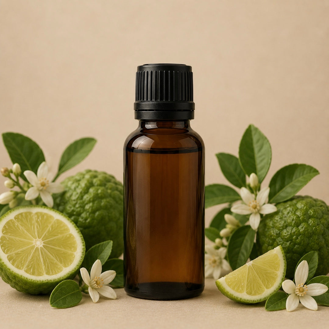 Brown essential oil bottle with green fruits and flowers on a beige background