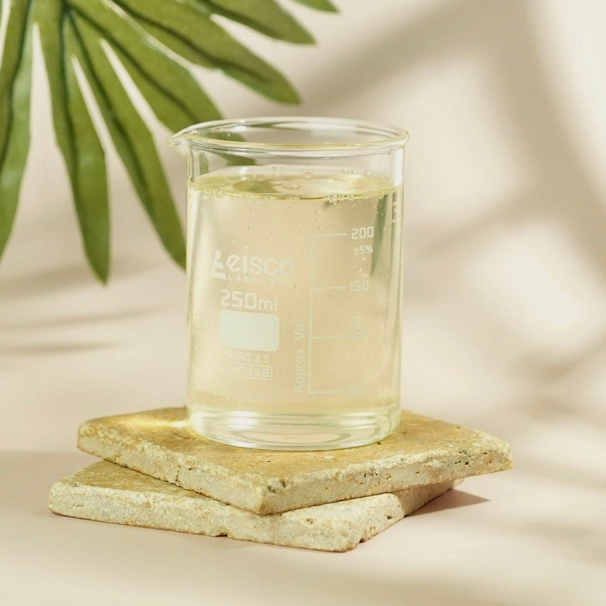 A clear 250ml glass beaker with white 'cisco' branding, filled with pale yellow liquid, resting on two stacked concrete tiles against a warm beige background with soft leaf shadows.