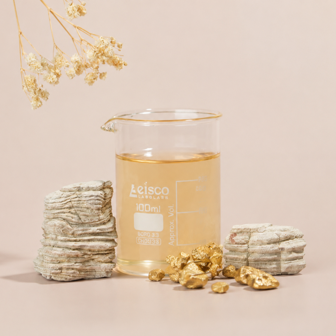 A clear glass beaker filled with pale golden liquid, styled on a warm beige background with stacked stone-like blocks, small gold flakes, and dried flowers. The beaker shows the brand name 'Leisco'.