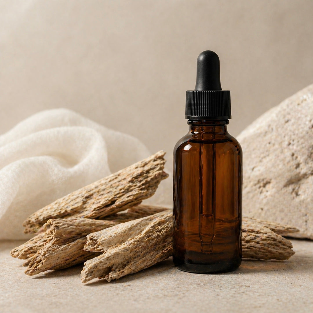 Brown glass dropper bottle with black cap on a neutral background with dried roots.