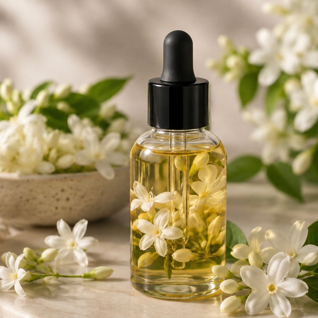 Glass dropper bottle with floral extract surrounded by white flowers on a neutral background