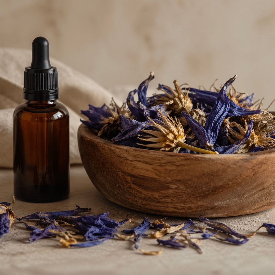 Brown glass bottle with dropper and wooden bowl filled with dried blue and yellow flowers on a neutral background