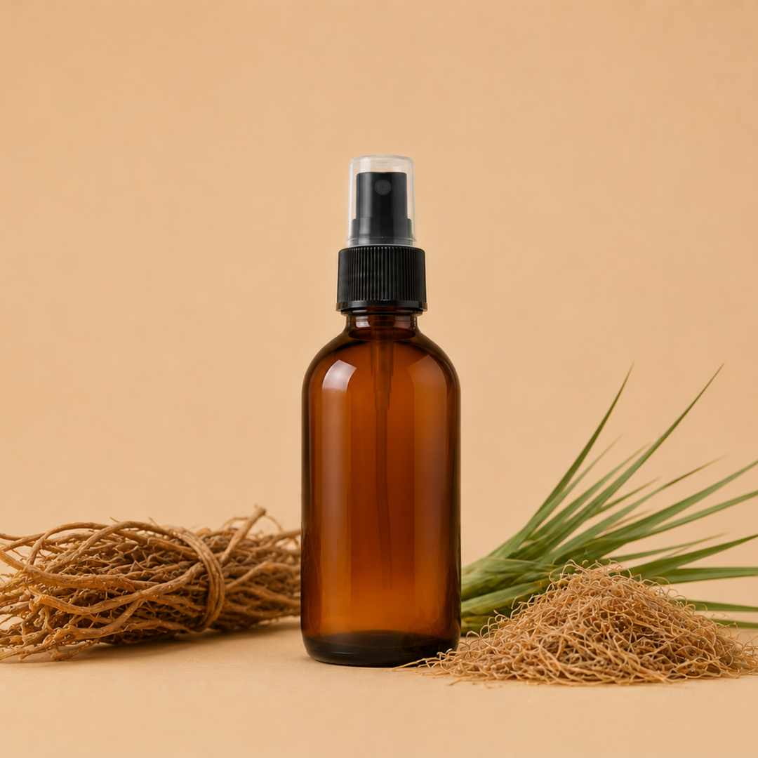 Brown glass spray bottle with a black cap on a beige background with natural elements.