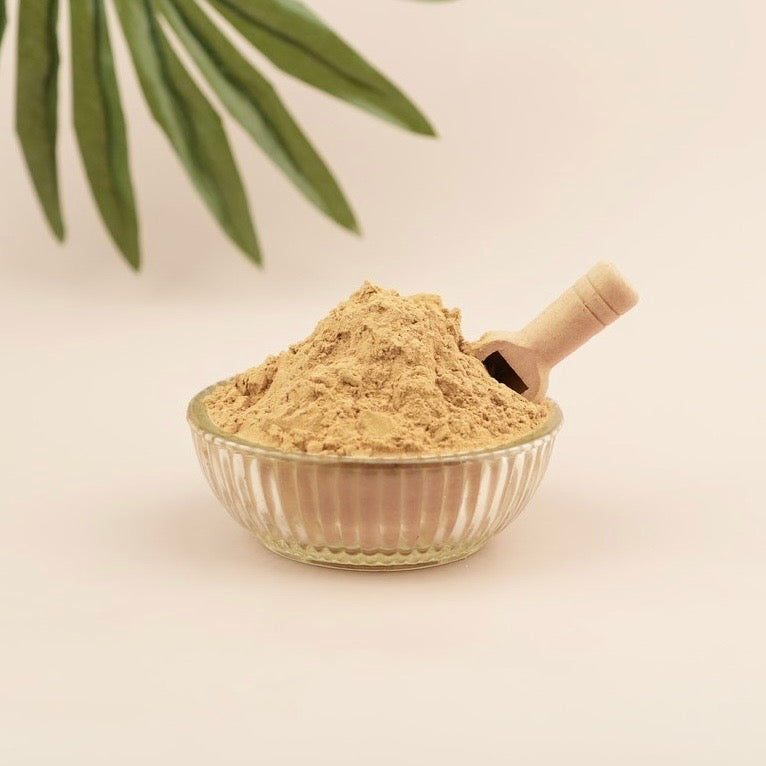 Glass bowl filled with brown powder and a wooden scoop on a light background