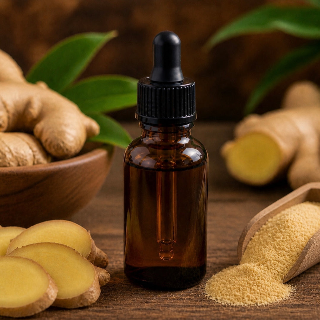 Brown glass bottle with dropper surrounded by sliced ginger on a wooden surface