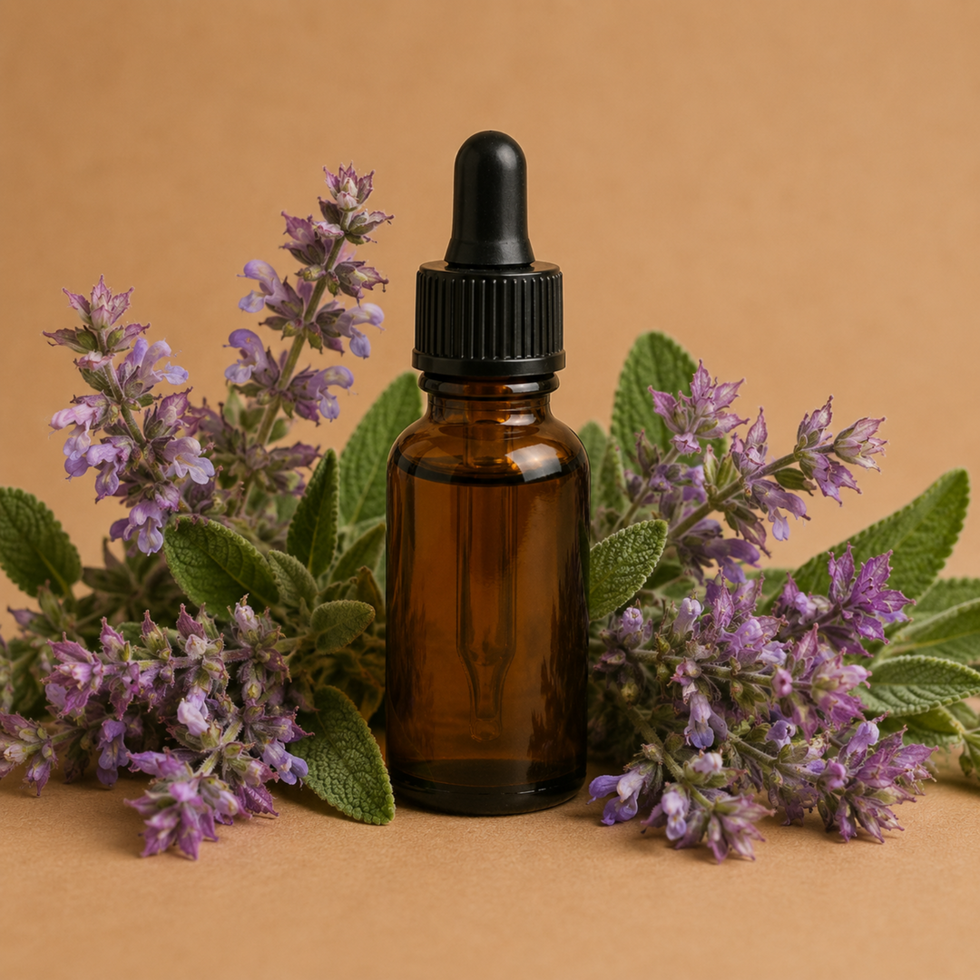Brown glass dropper bottle with black cap surrounded by purple flowers on a beige background