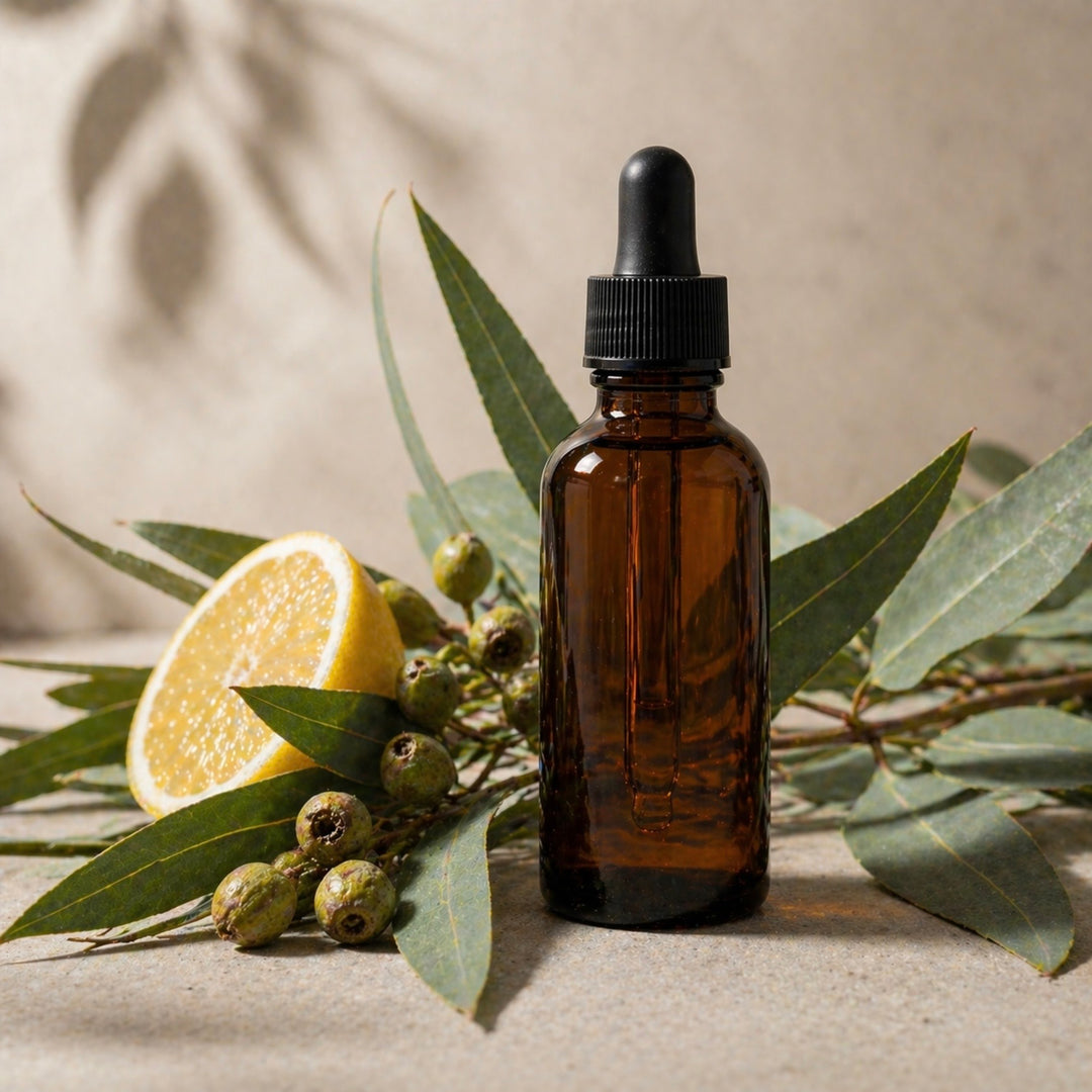 Brown glass dropper bottle with eucalyptus leaves and lemon on a neutral background
