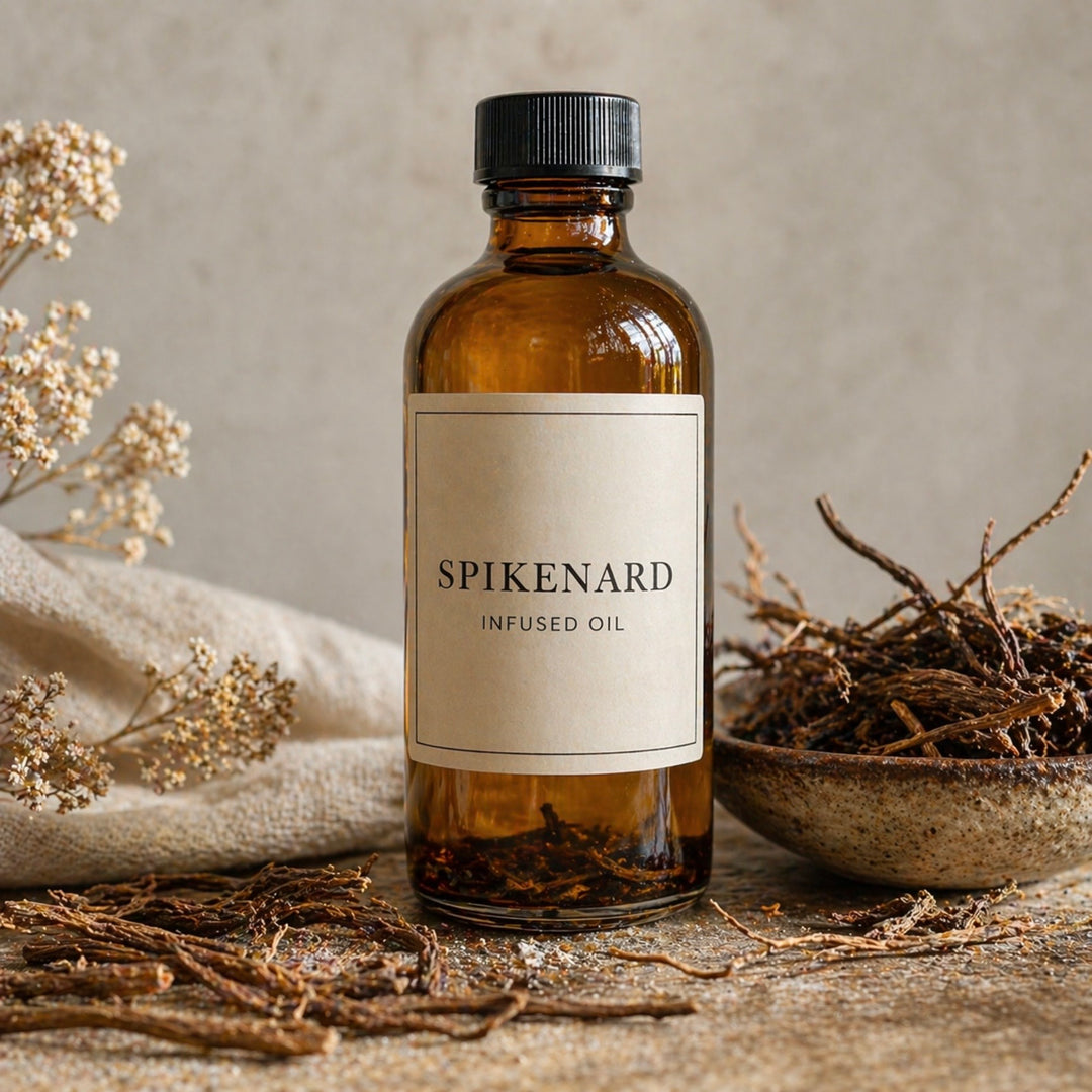 Bottle of spikenard infused oil with a label, surrounded by dried plants on a neutral background