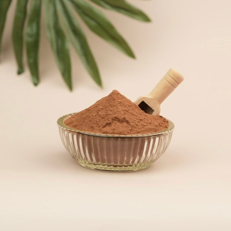 Glass bowl filled with brown powder and a small wooden scoop on a light background
