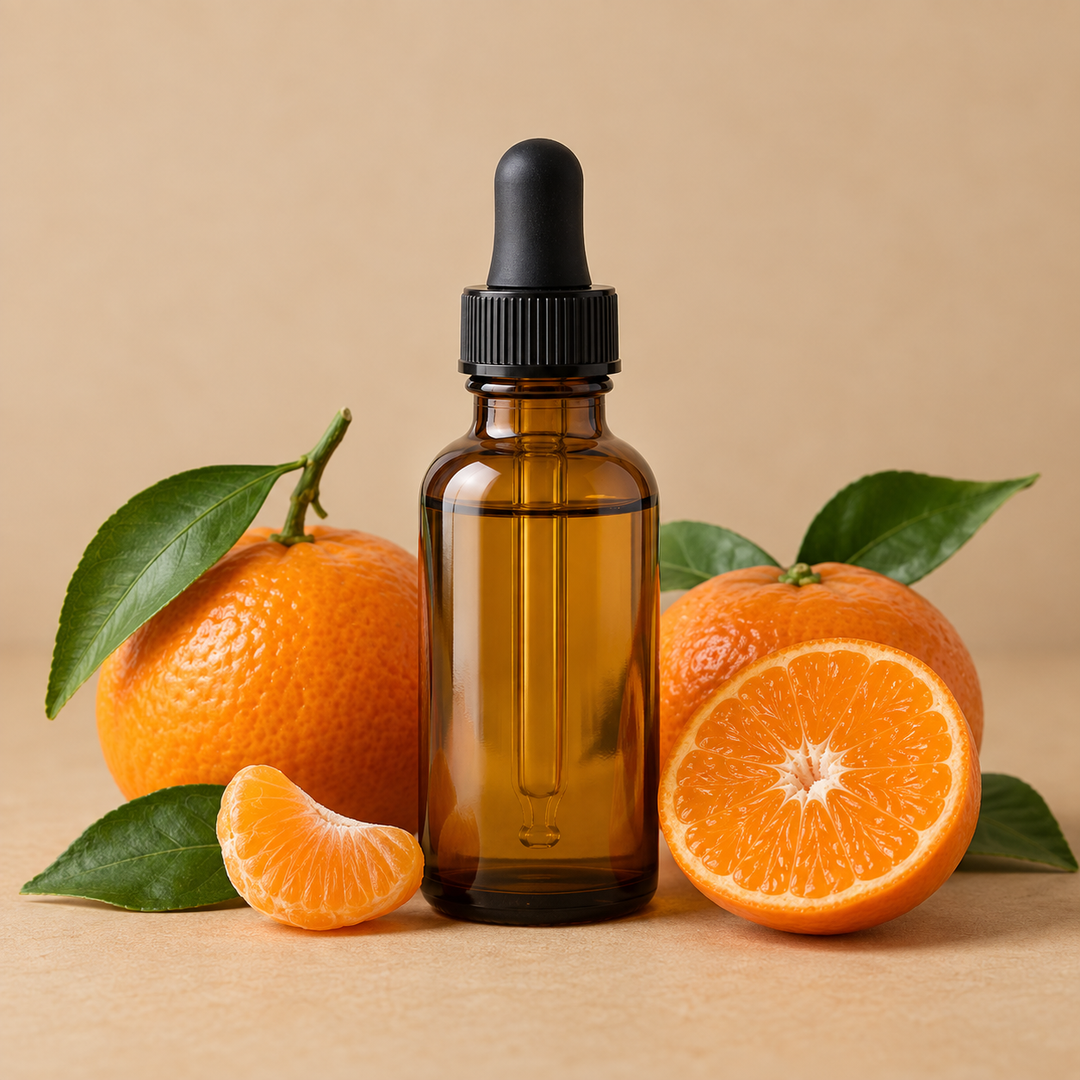 Plain amber bottle, tan background with fresh tangerines